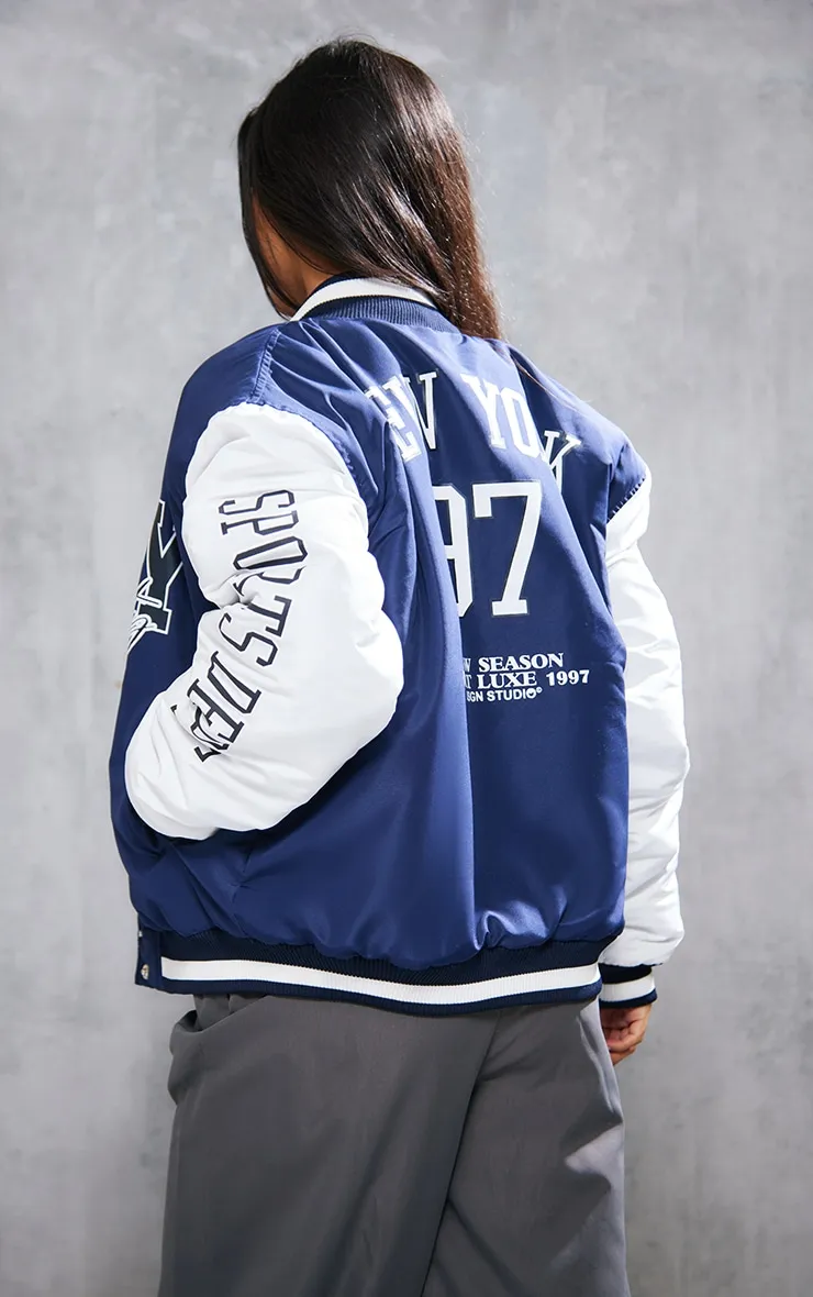 Navy Ny Slogan Bomber Jacket | Outerwear