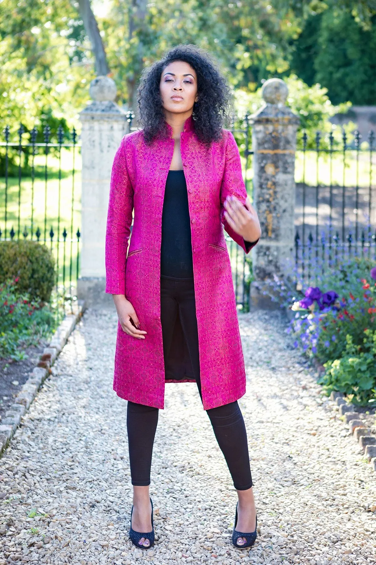 Nehru Coat in Pink Jacquard