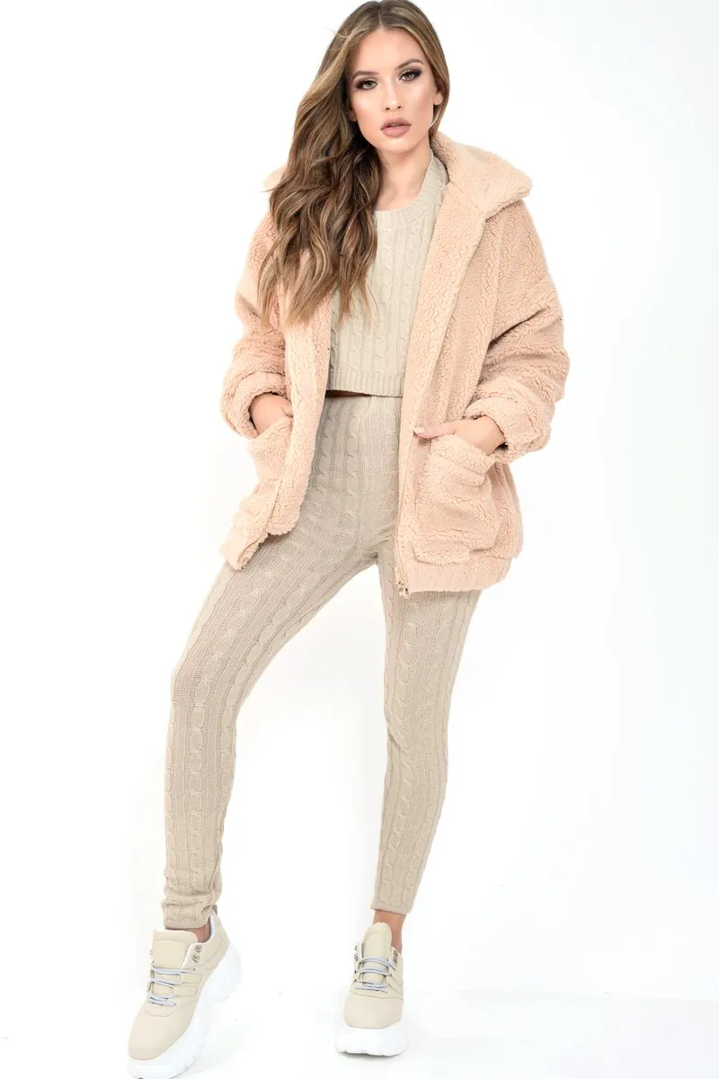 Nude Borg Zipper Front Pocket Coat - Jacklynn