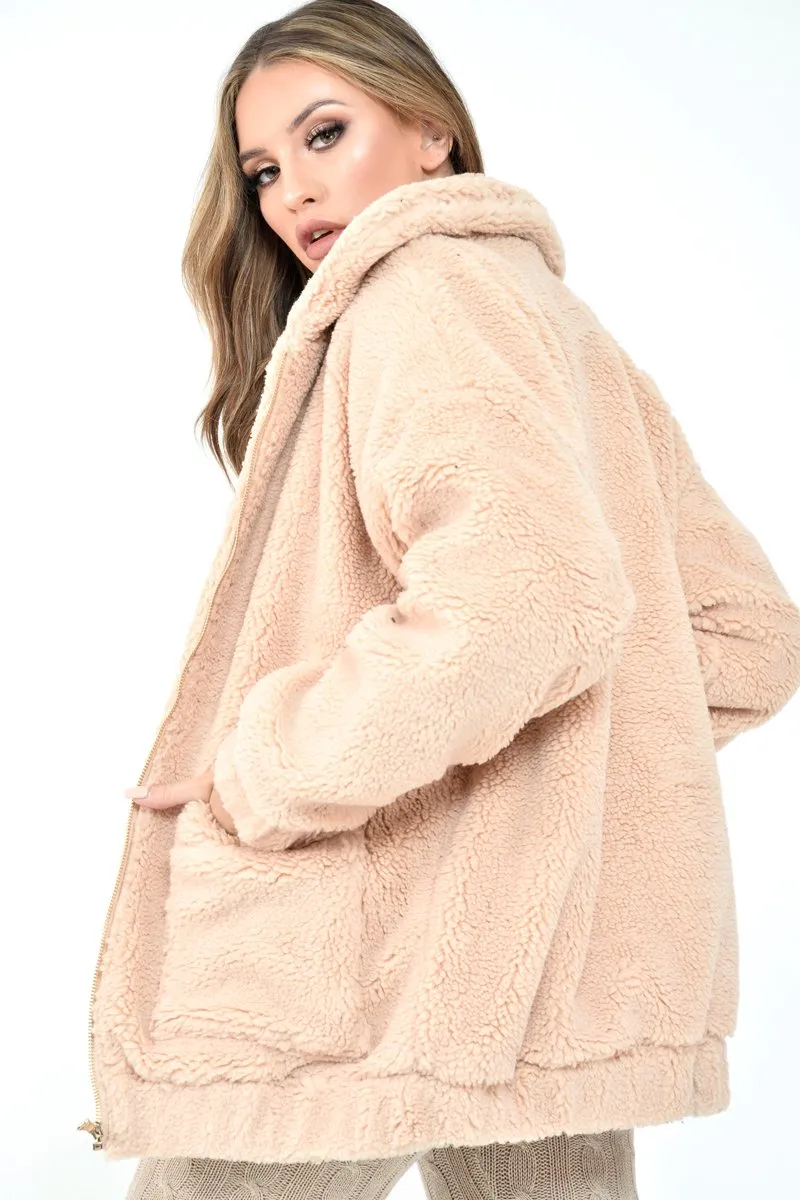 Nude Borg Zipper Front Pocket Coat - Jacklynn