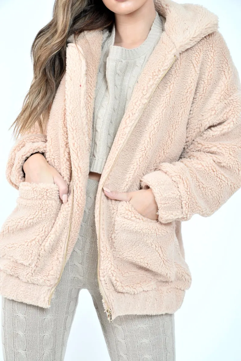 Nude Borg Zipper Front Pocket Coat - Jacklynn