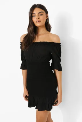 Off The Shoulder Ruffle Edge Shirred Skirt Mini Dress