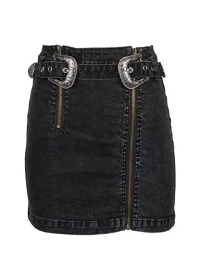 On the Road Again Black Denim Skirt with Western Belt