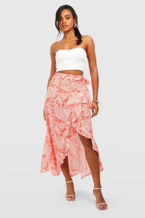 Paisley Bohemian Wrap Ruffle Maxi Skirt