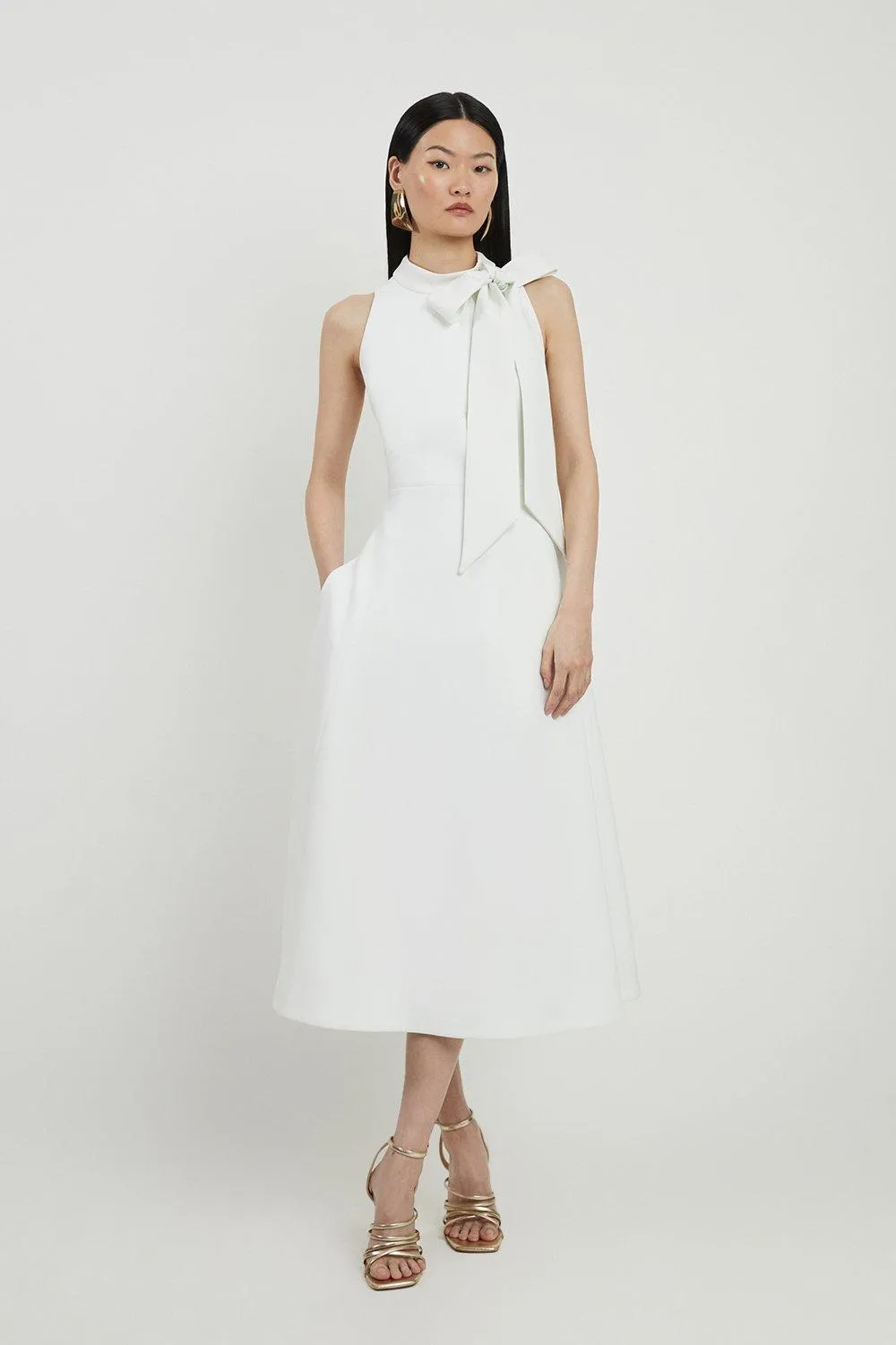 Petite Compact Stretch Tie Neck Full Skirted Midi Dress | Karen Millen