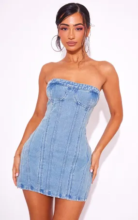 Petite Ice Blue Vintage Wash Seam Denim Mini Dress