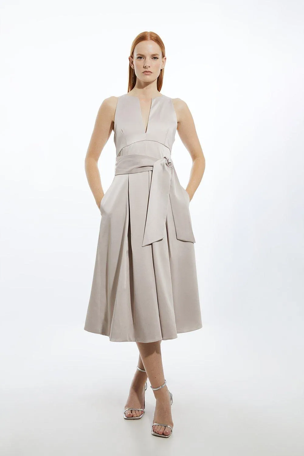 Petite Tailored Satin Bow Detail Full Skirted Midaxi Dress | Karen Millen