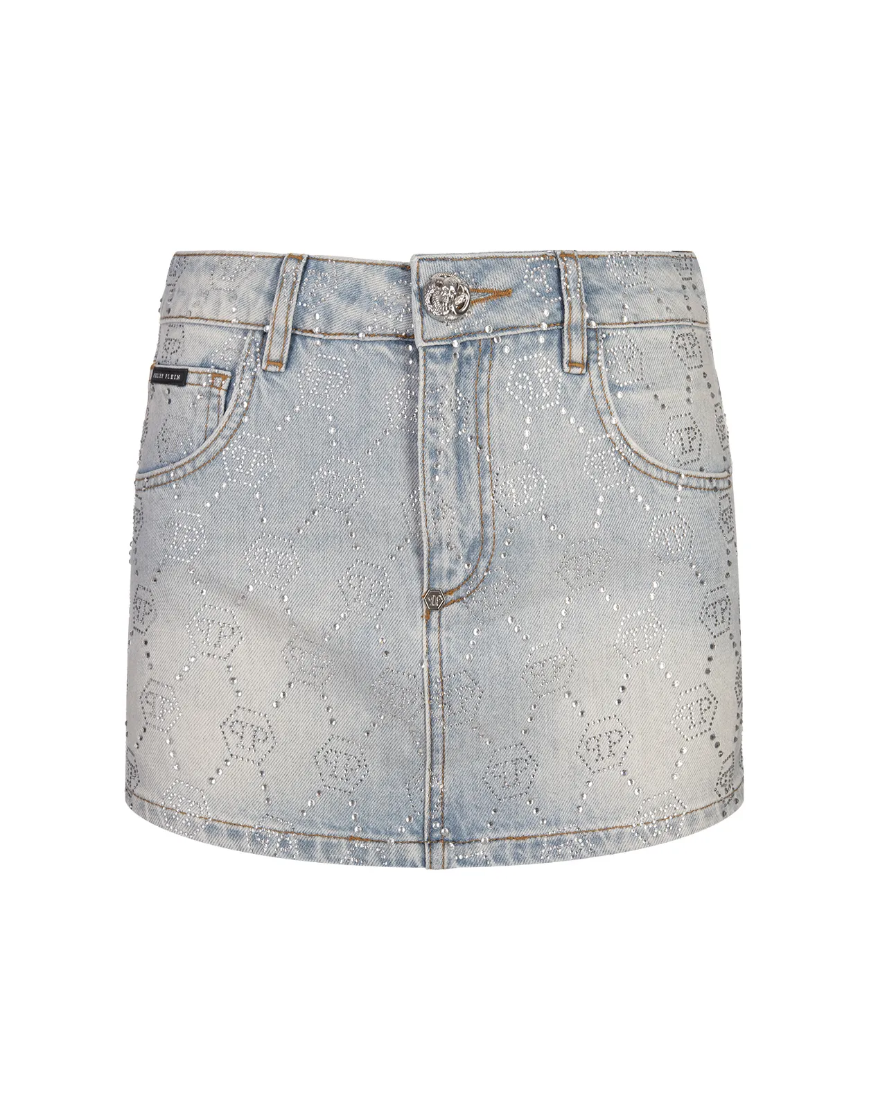 PHILIPP PLEIN Denim Mini Skirt With Rhinestone Monogram Motif