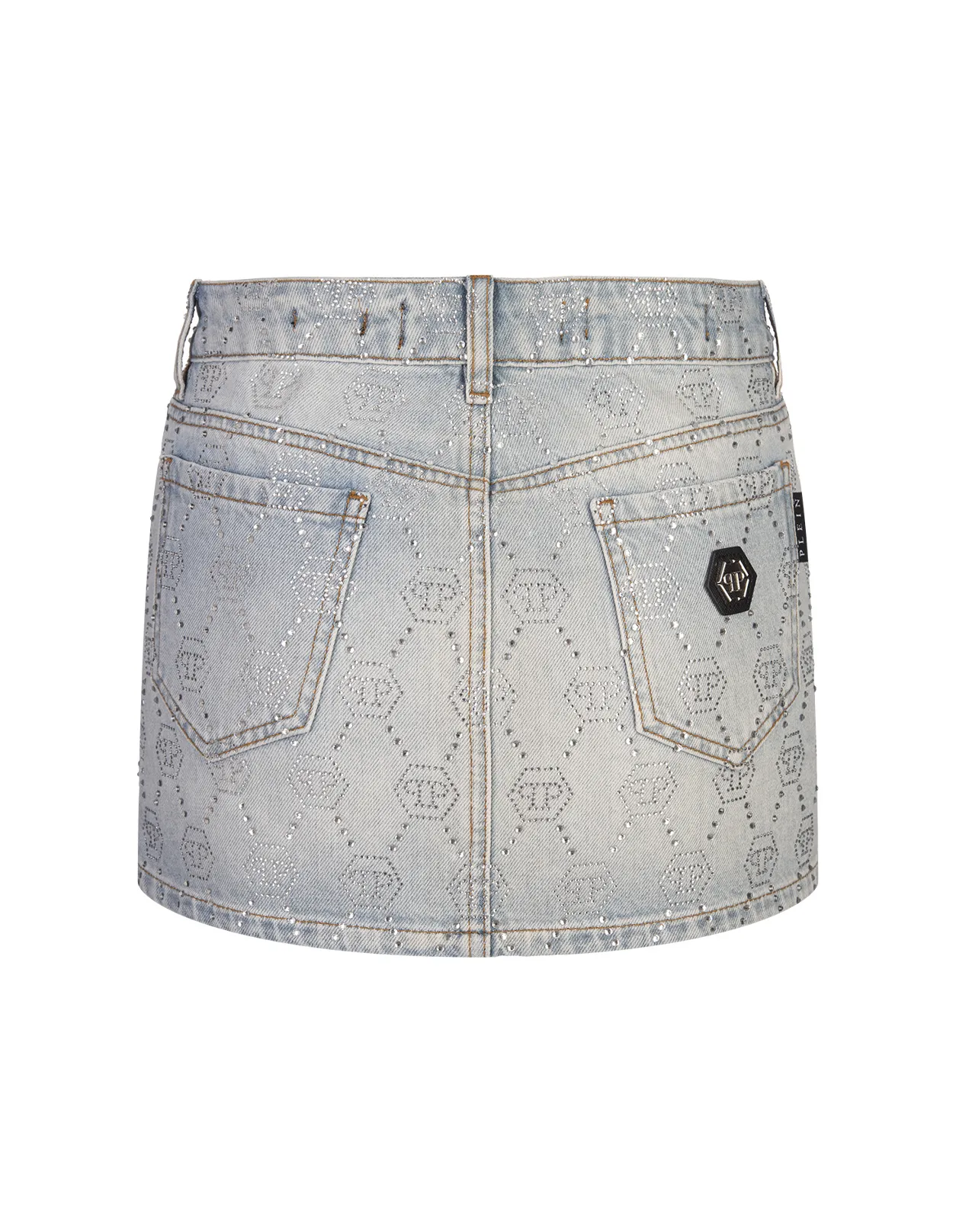 PHILIPP PLEIN Denim Mini Skirt With Rhinestone Monogram Motif