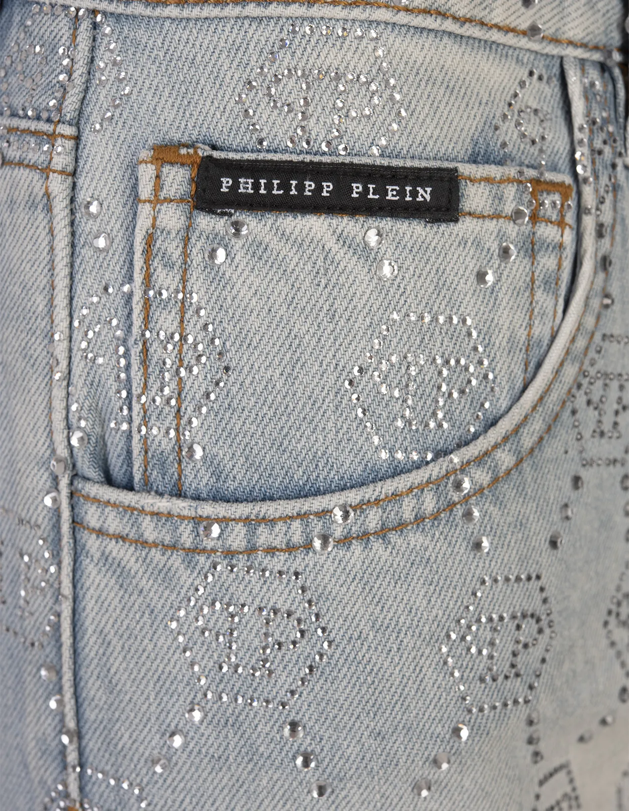 PHILIPP PLEIN Denim Mini Skirt With Rhinestone Monogram Motif