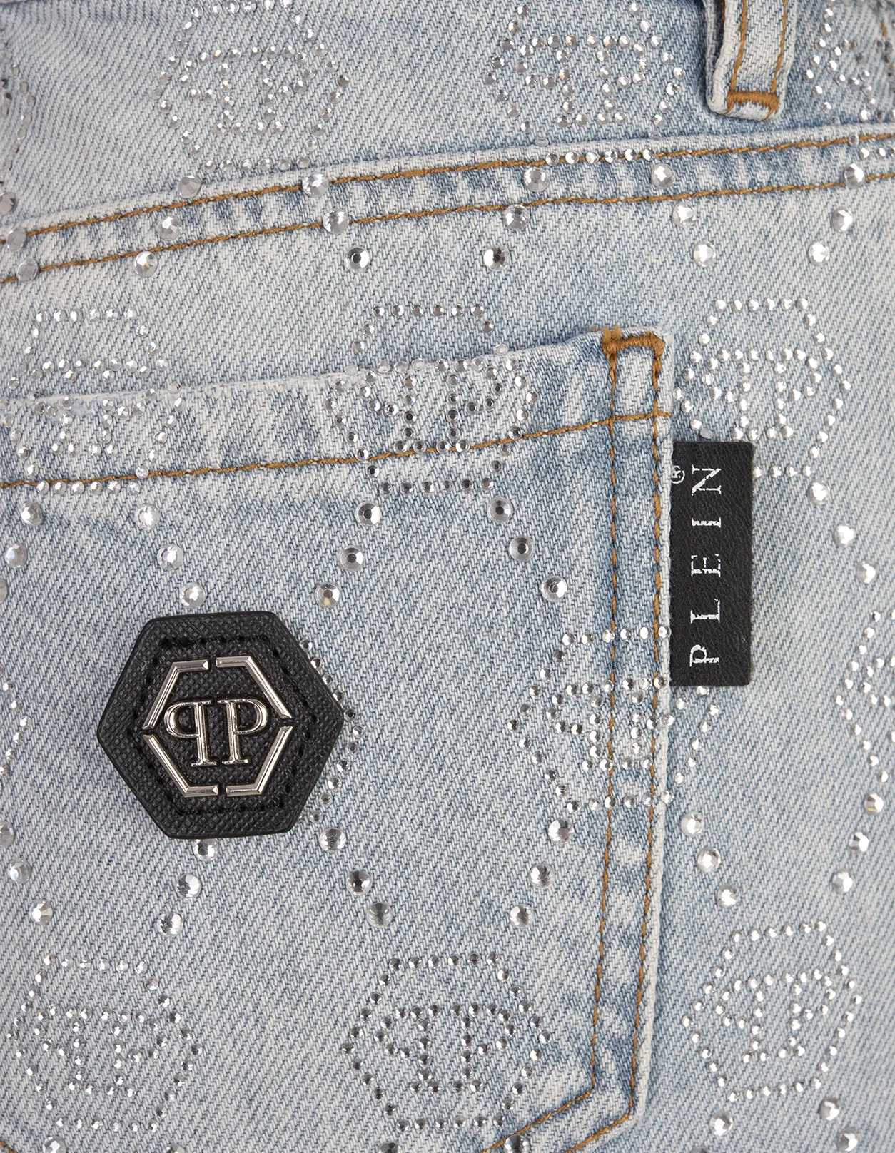 PHILIPP PLEIN Denim Mini Skirt With Rhinestone Monogram Motif