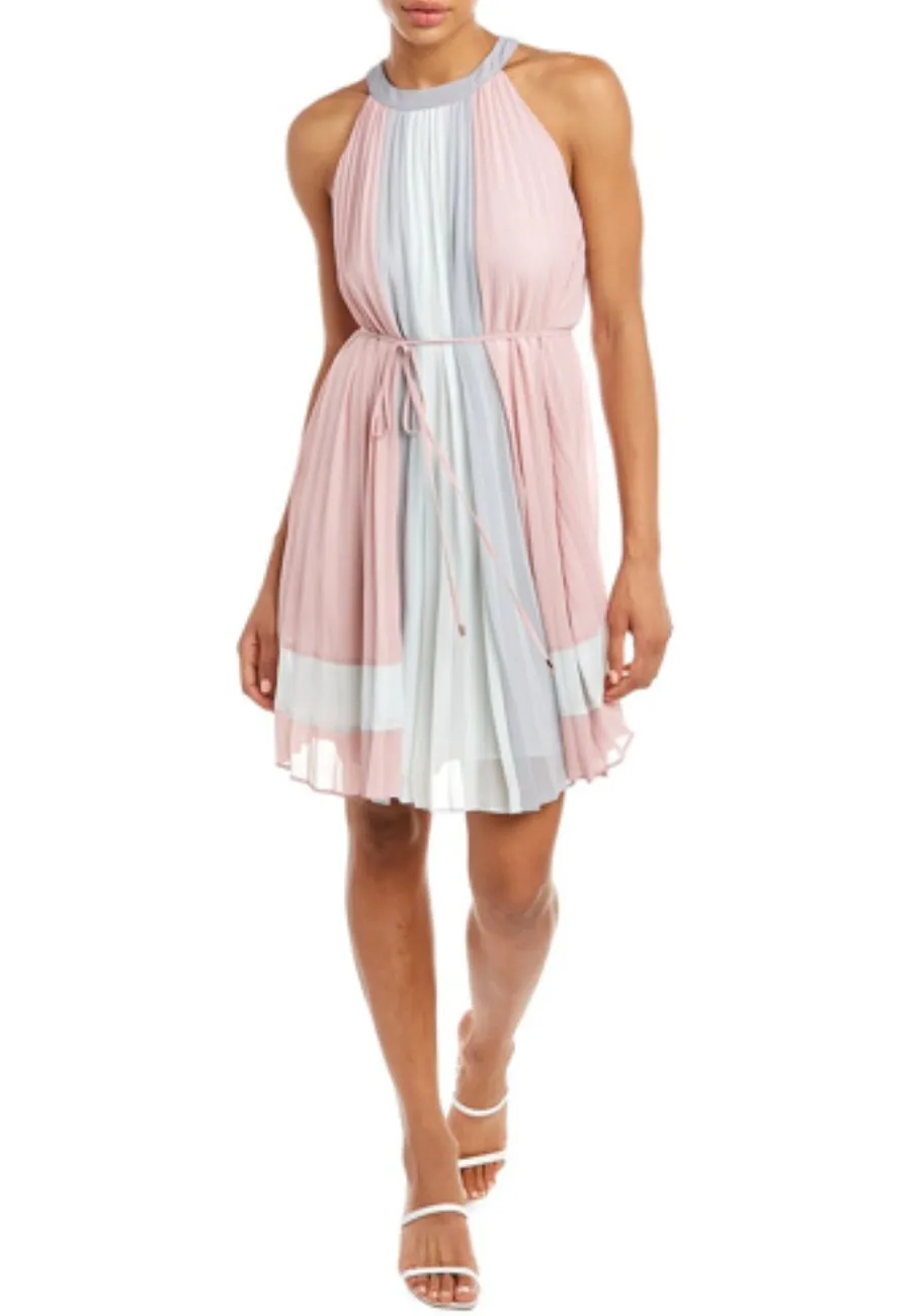 Pink and Grey Lellian Pleated Mini Dress