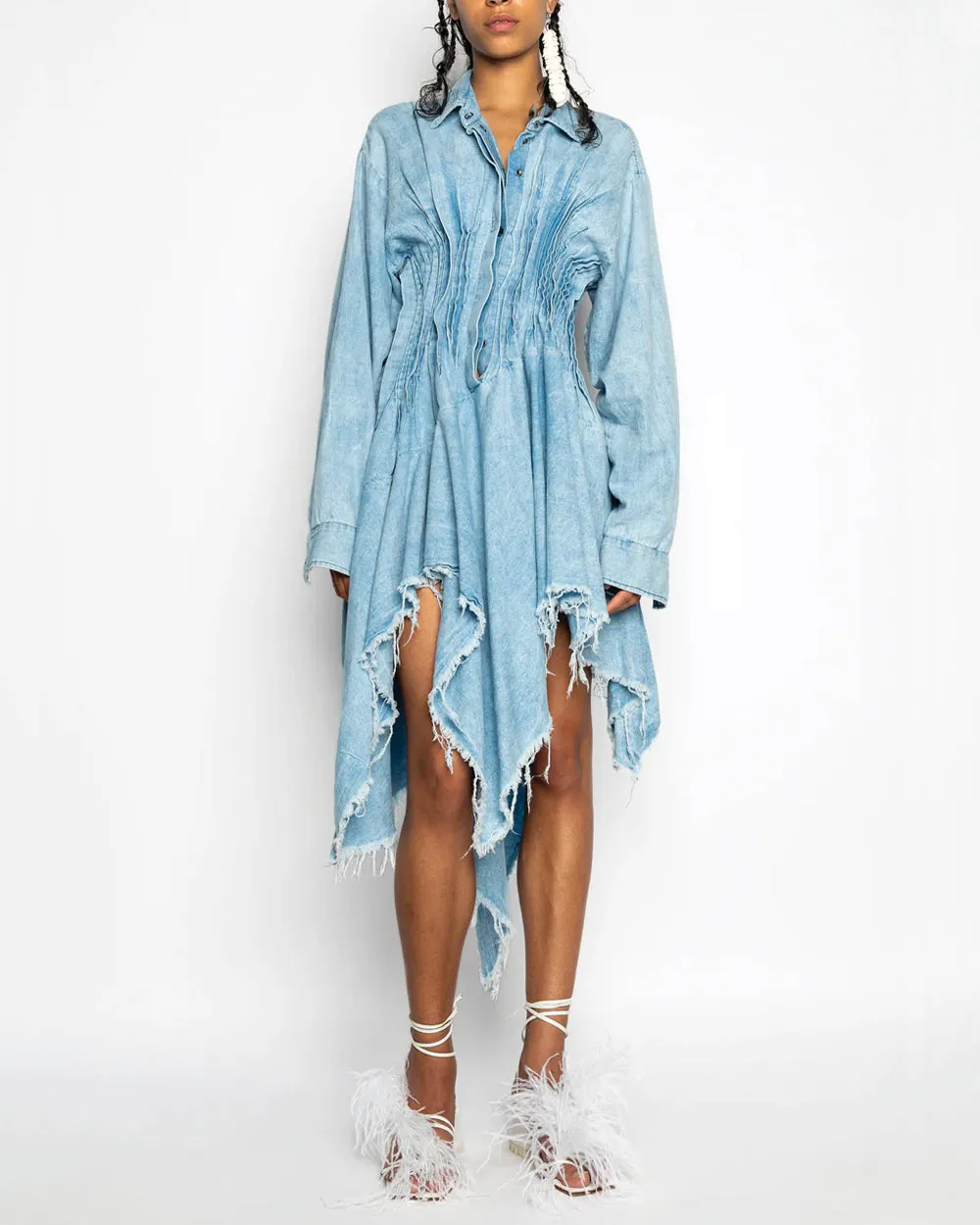 Pleated Chambray Shirt Dress in Light Blue