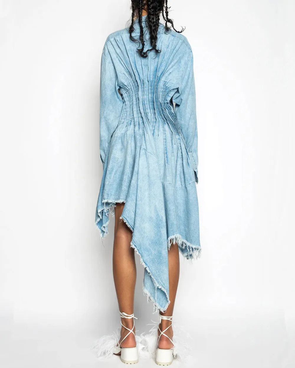 Pleated Chambray Shirt Dress in Light Blue