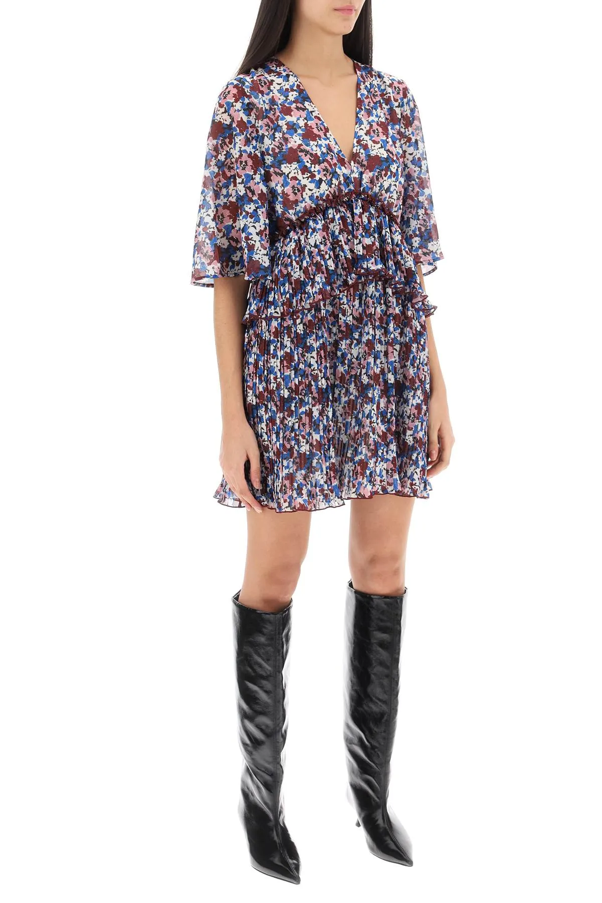 Pleated Mini Dress With Floral Motif