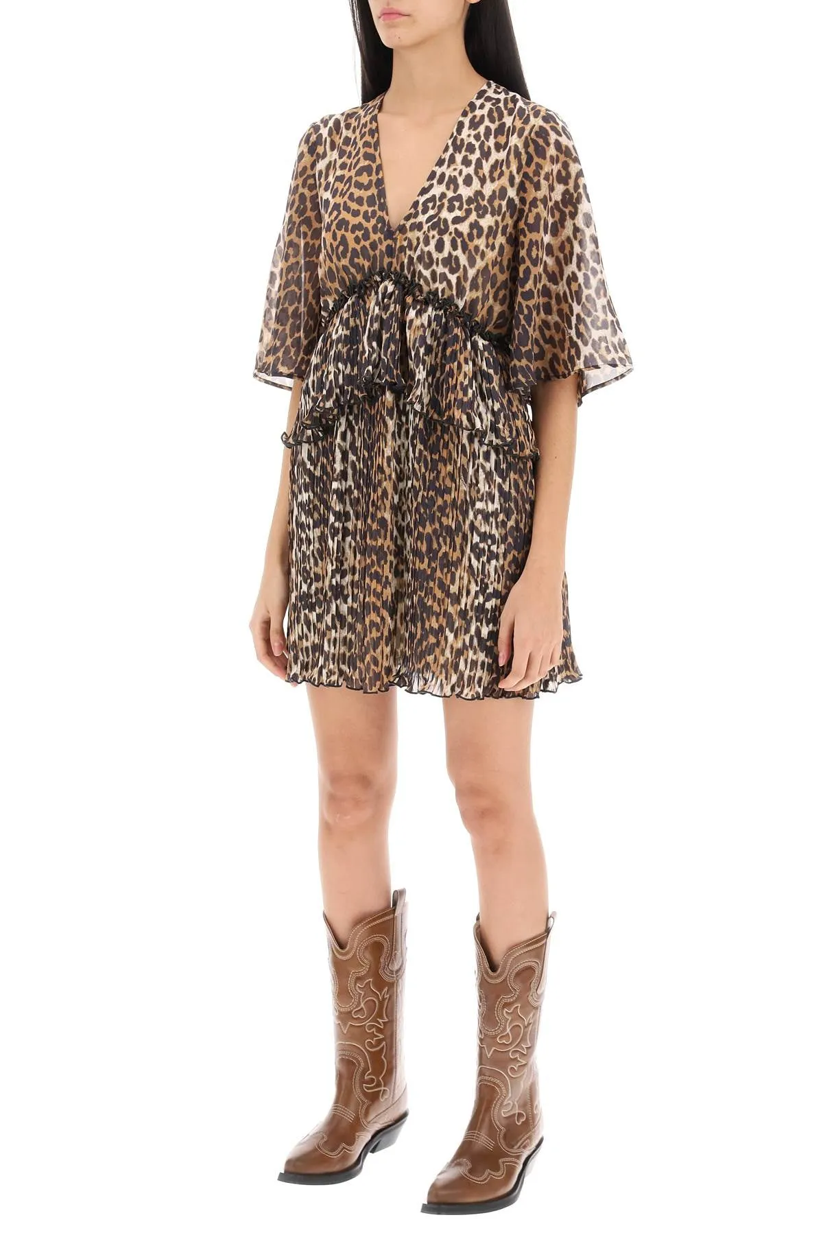 pleated mini dress with leopard motif F8693 ALMOND MILK