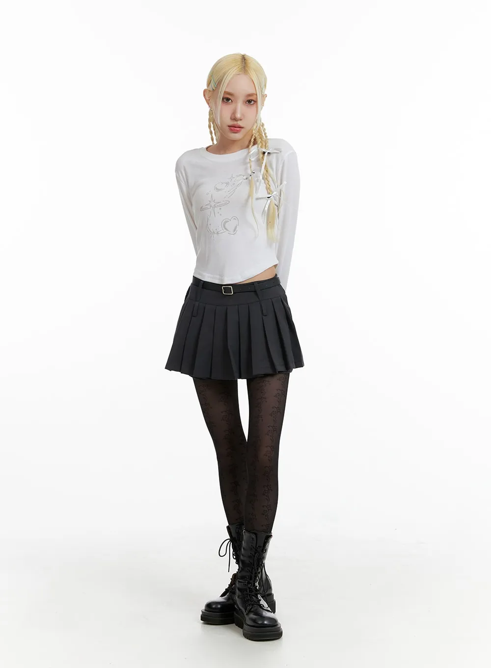 Pleated Mini Skirt with Belt IF408