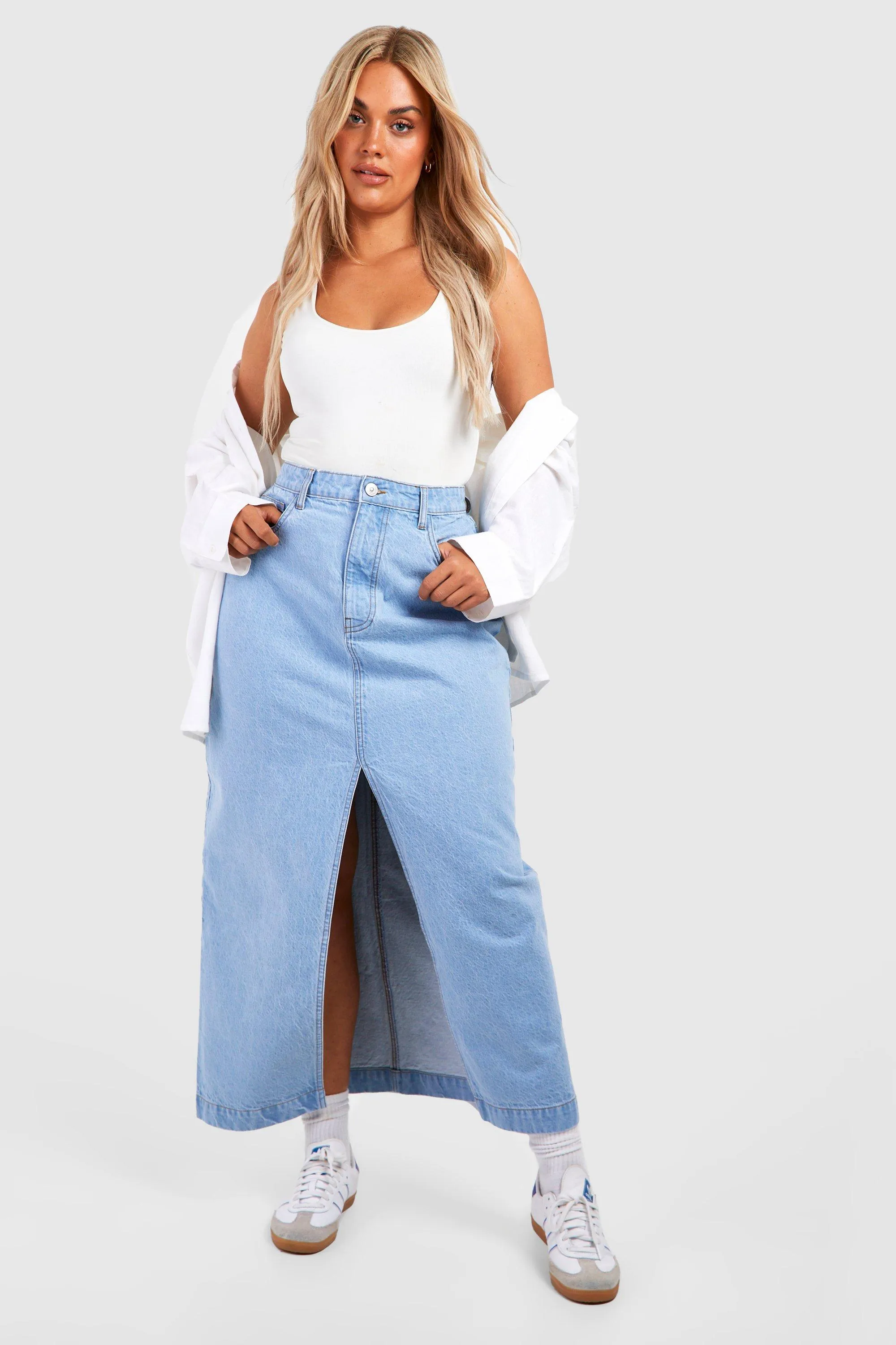 Plus Basic Split Front Denim Maxi Skirt