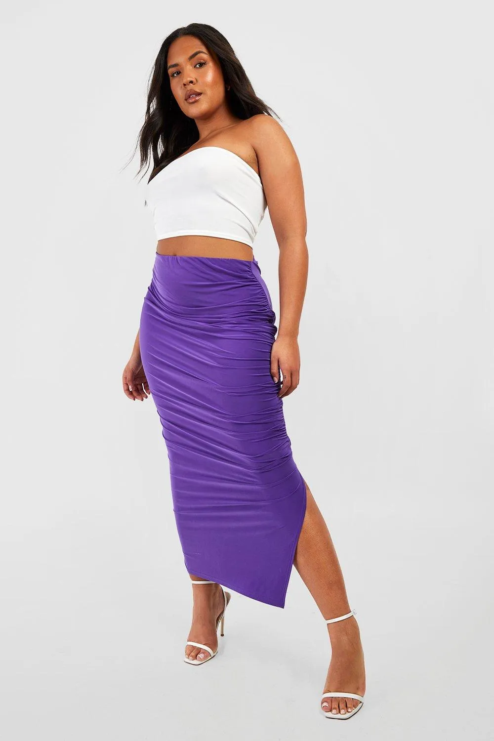 Plus Ruched Detail Side Split Midi Skirt