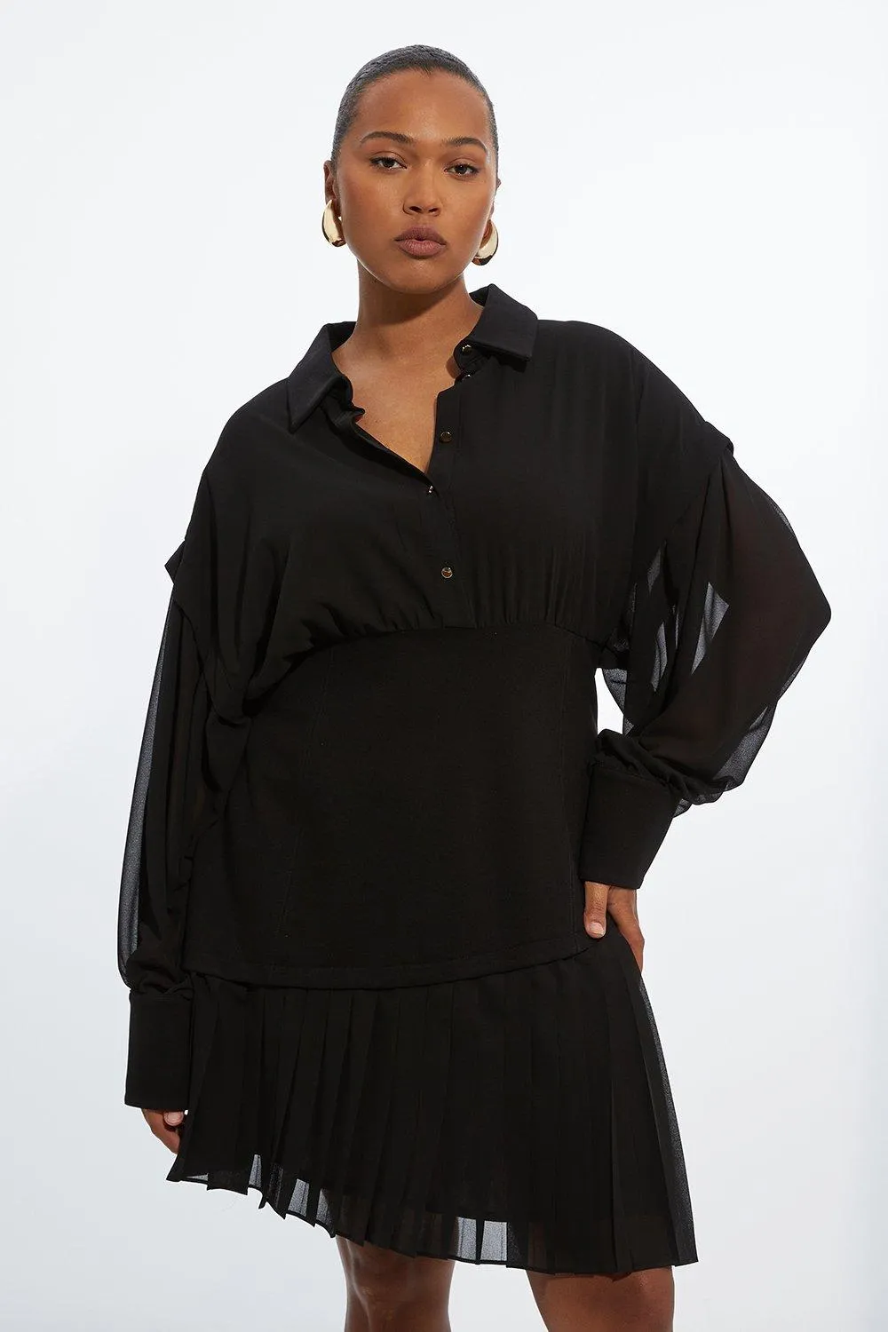 Plus Size Jersey And Georgette Mix Pleated Mini Shirt Dress | Karen Millen