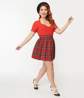 Plus Size Red Plaid Pleated Mini Skirt