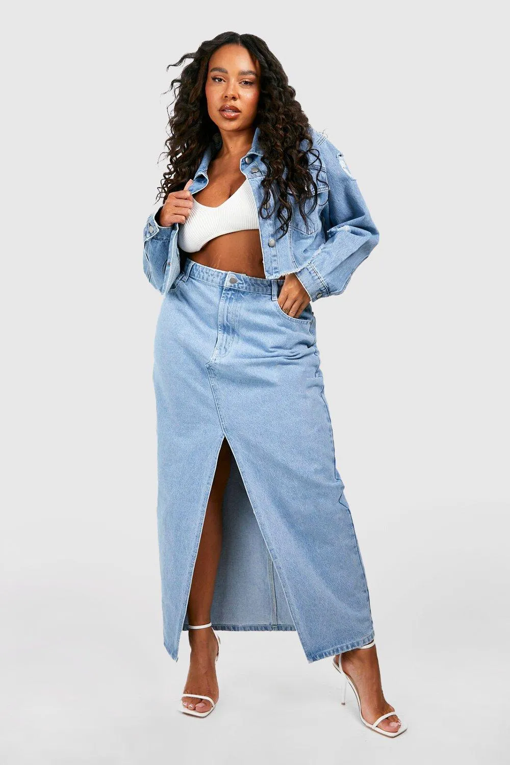 Plus Split Front Denim Maxi Skirt