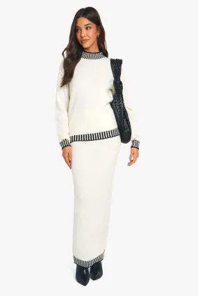 Premium Contrast Trim Jumper And Maxi Skirt Knitted Co-ord