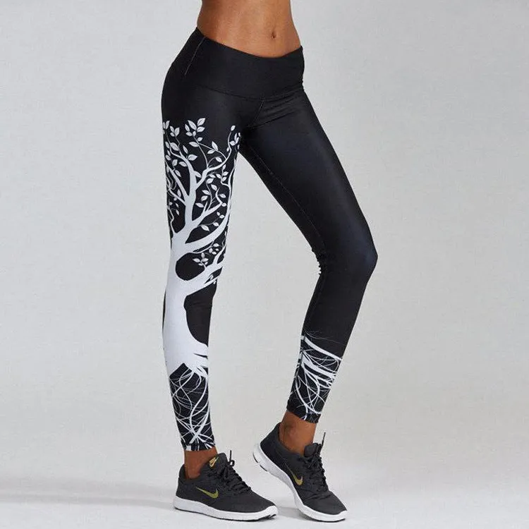 Printed Black Big Tree Buttocks High Waist Sports Fitness Leggings