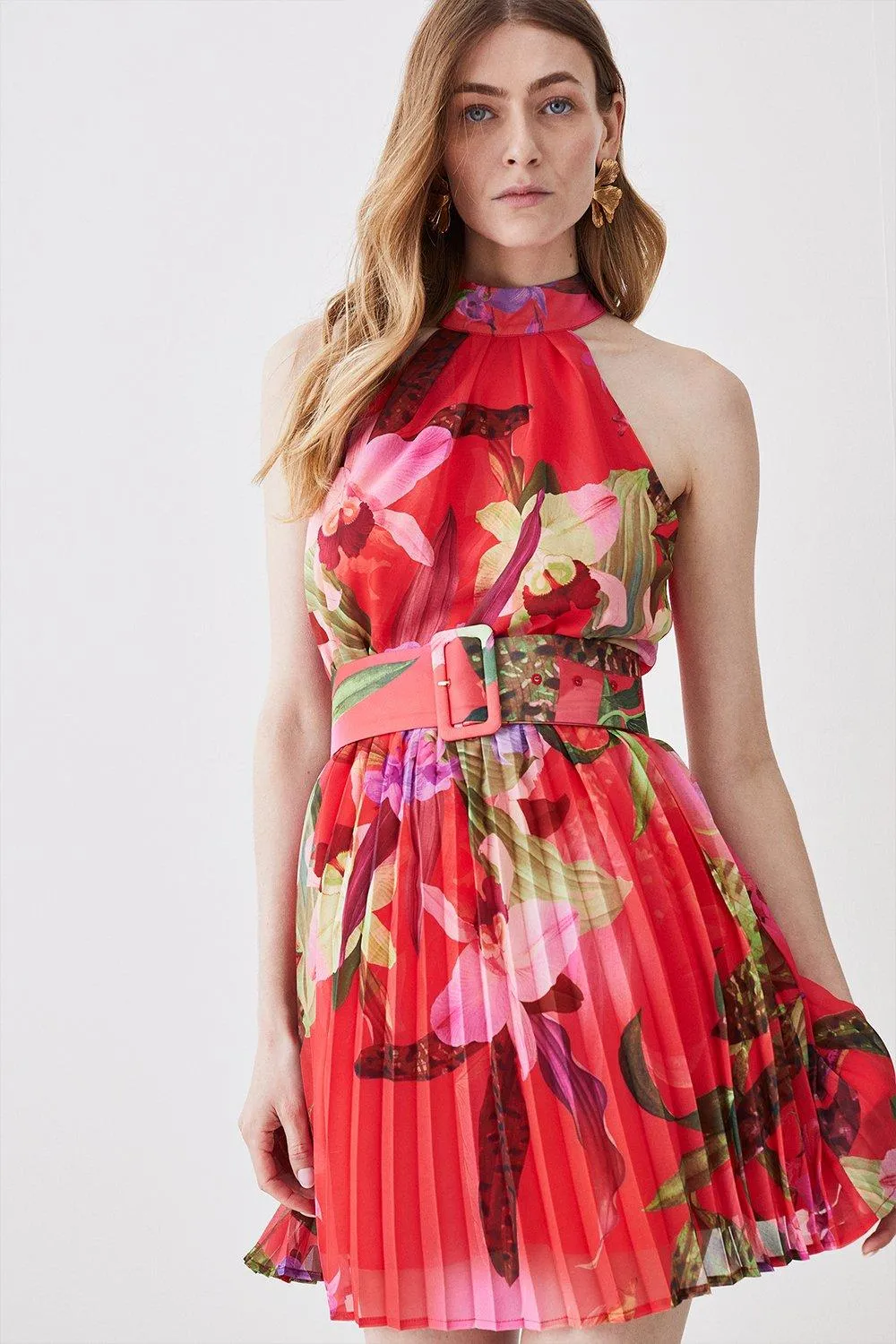 Red Floral Georgette Belted Pleated Mini Dress | Karen Millen