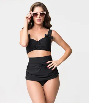 Retro Style Black Gathered High Waist Skirted Swim Bottoms