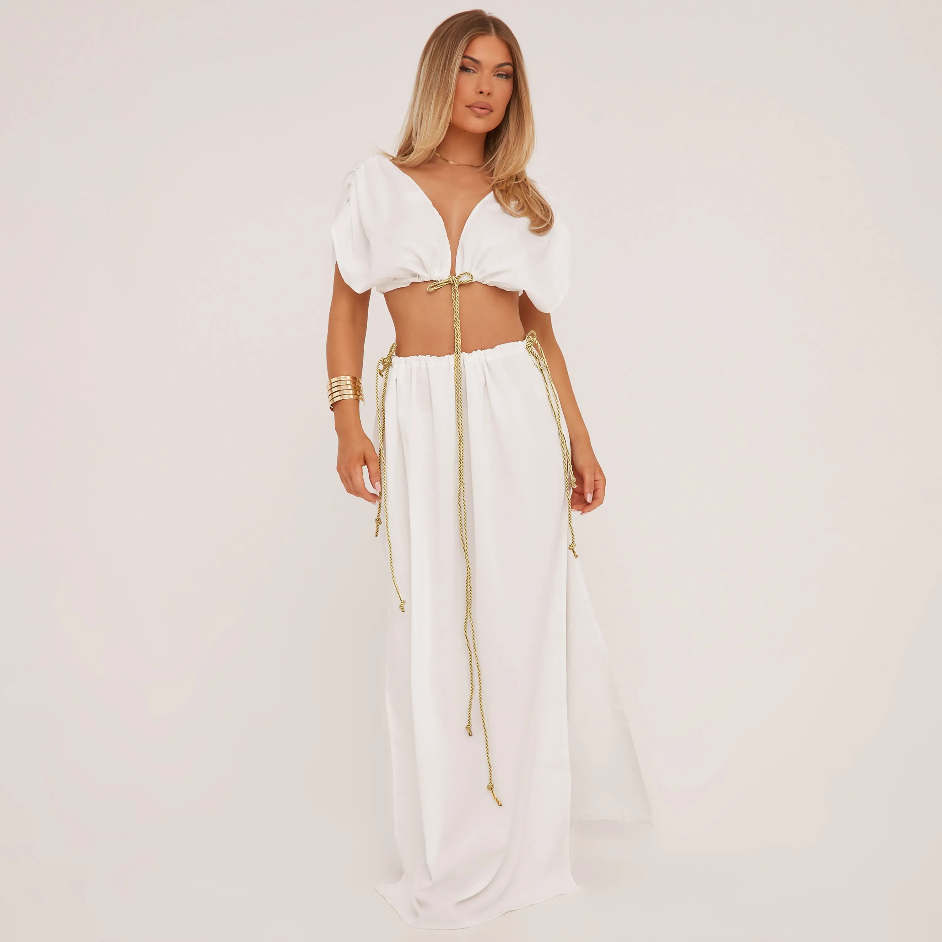 Rope Detail Plunge Ruched Sleeve Crop Top And High Waist Split Leg Maxi Skirt Co-Ord Set In White Woven