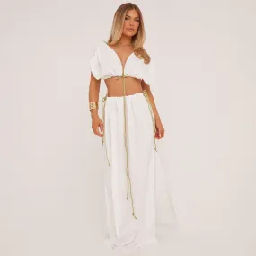 Rope Detail Plunge Ruched Sleeve Crop Top And High Waist Split Leg Maxi Skirt Co-Ord Set In White Woven