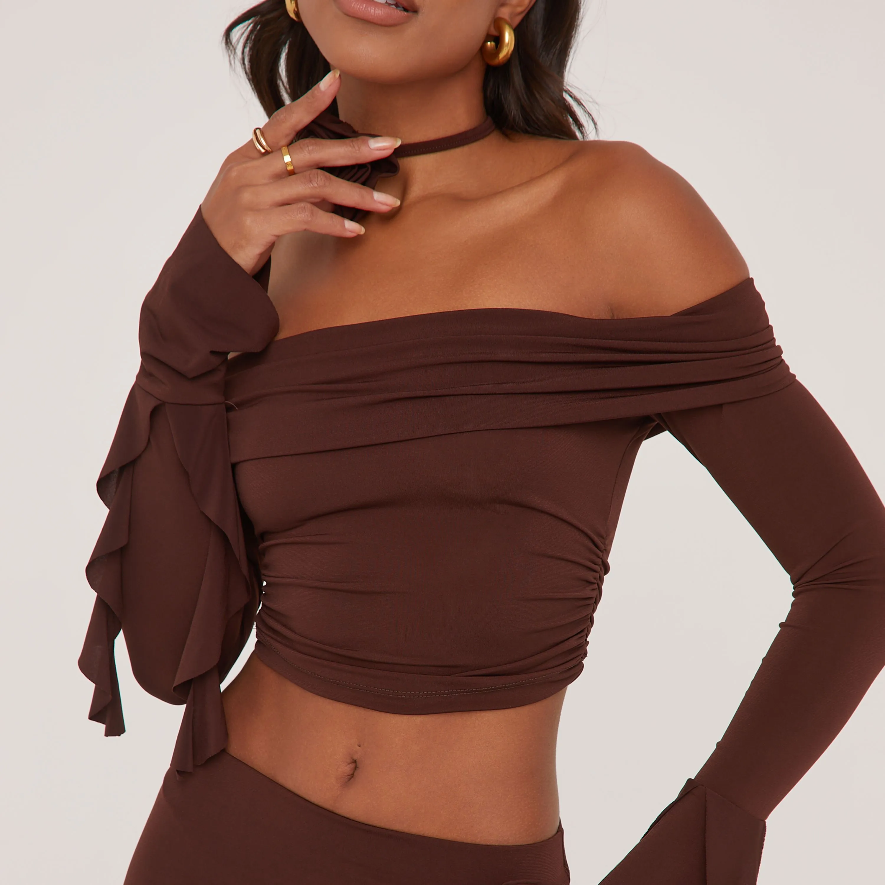 Rose Frill Detail Fold Over Bardot Crop Top And Mid Rise Maxi Skirt Co-Ord Set With Matching Choker In Brown Slinky