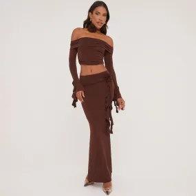 Rose Frill Detail Fold Over Bardot Crop Top And Mid Rise Maxi Skirt Co-Ord Set With Matching Choker In Brown Slinky