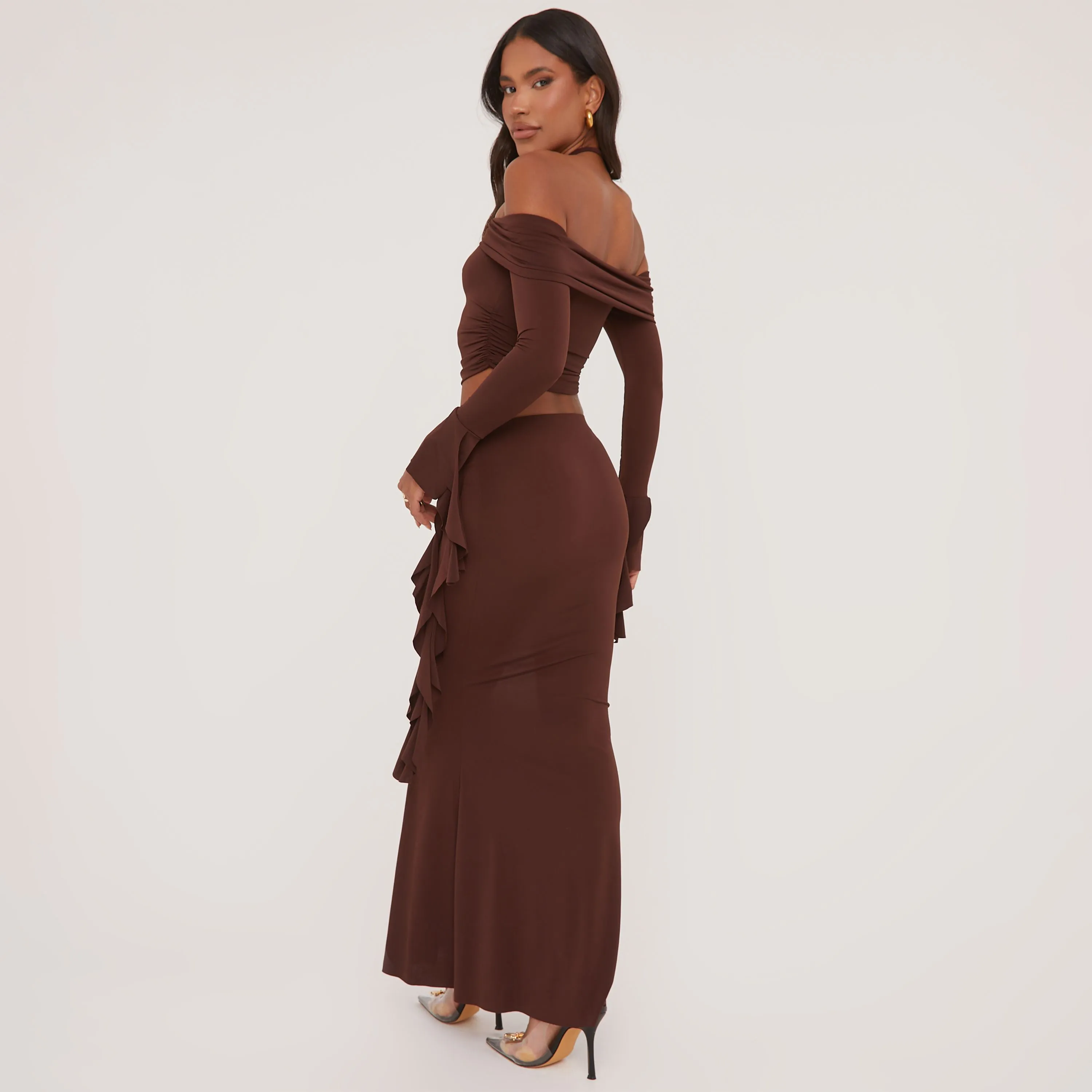 Rose Frill Detail Fold Over Bardot Crop Top And Mid Rise Maxi Skirt Co-Ord Set With Matching Choker In Brown Slinky