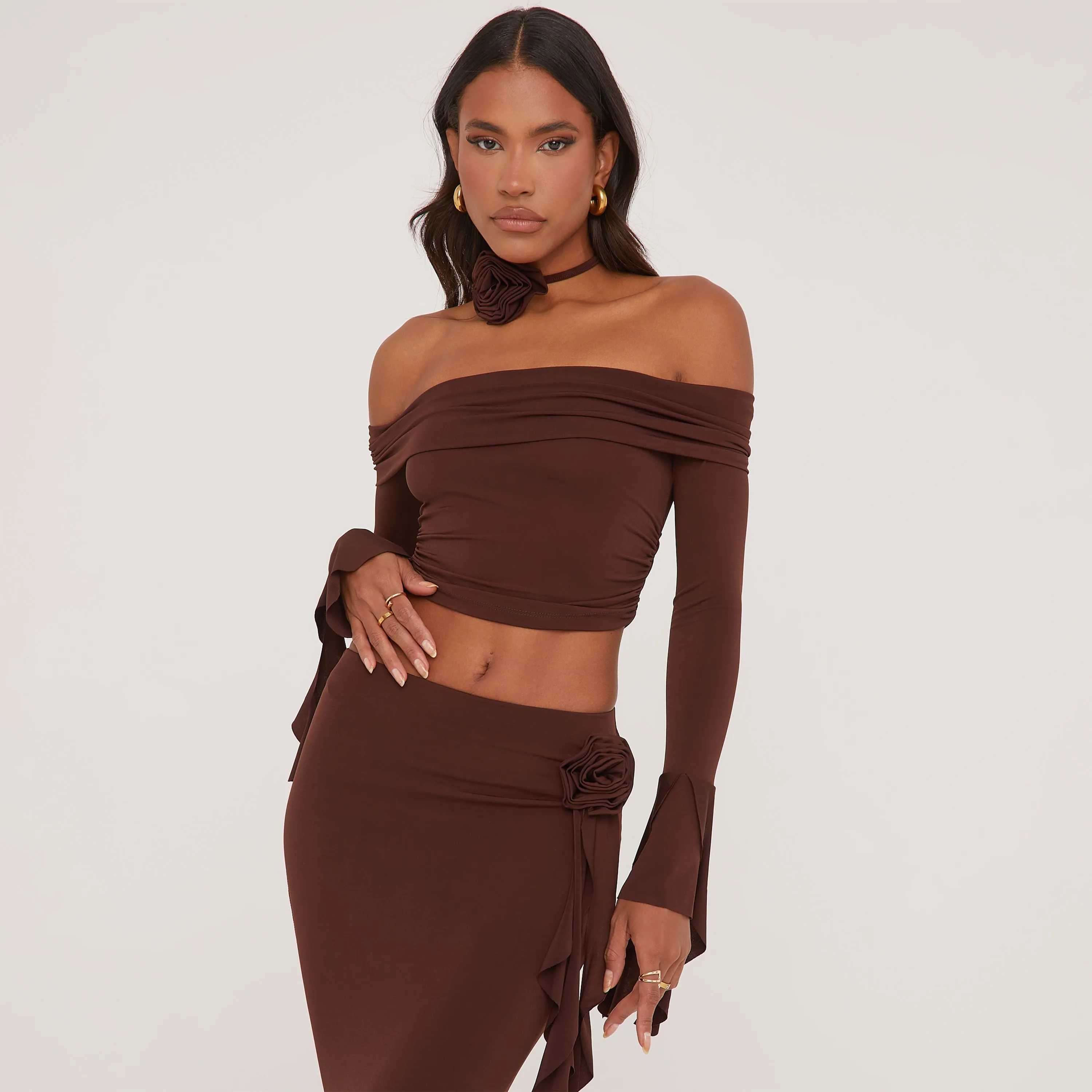 Rose Frill Detail Fold Over Bardot Crop Top And Mid Rise Maxi Skirt Co-Ord Set With Matching Choker In Brown Slinky