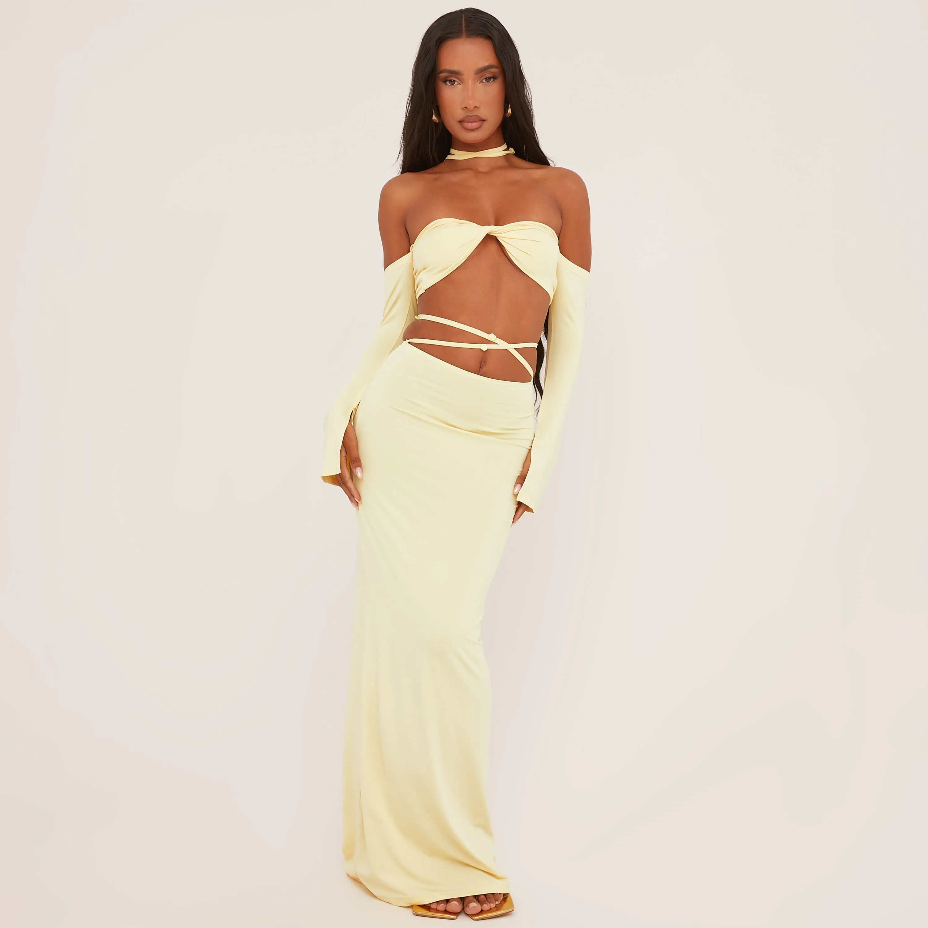 Rose Strap Detail Bardot Crop Top And High Waist Maxi Skirt Co-Ord Set In Lemon