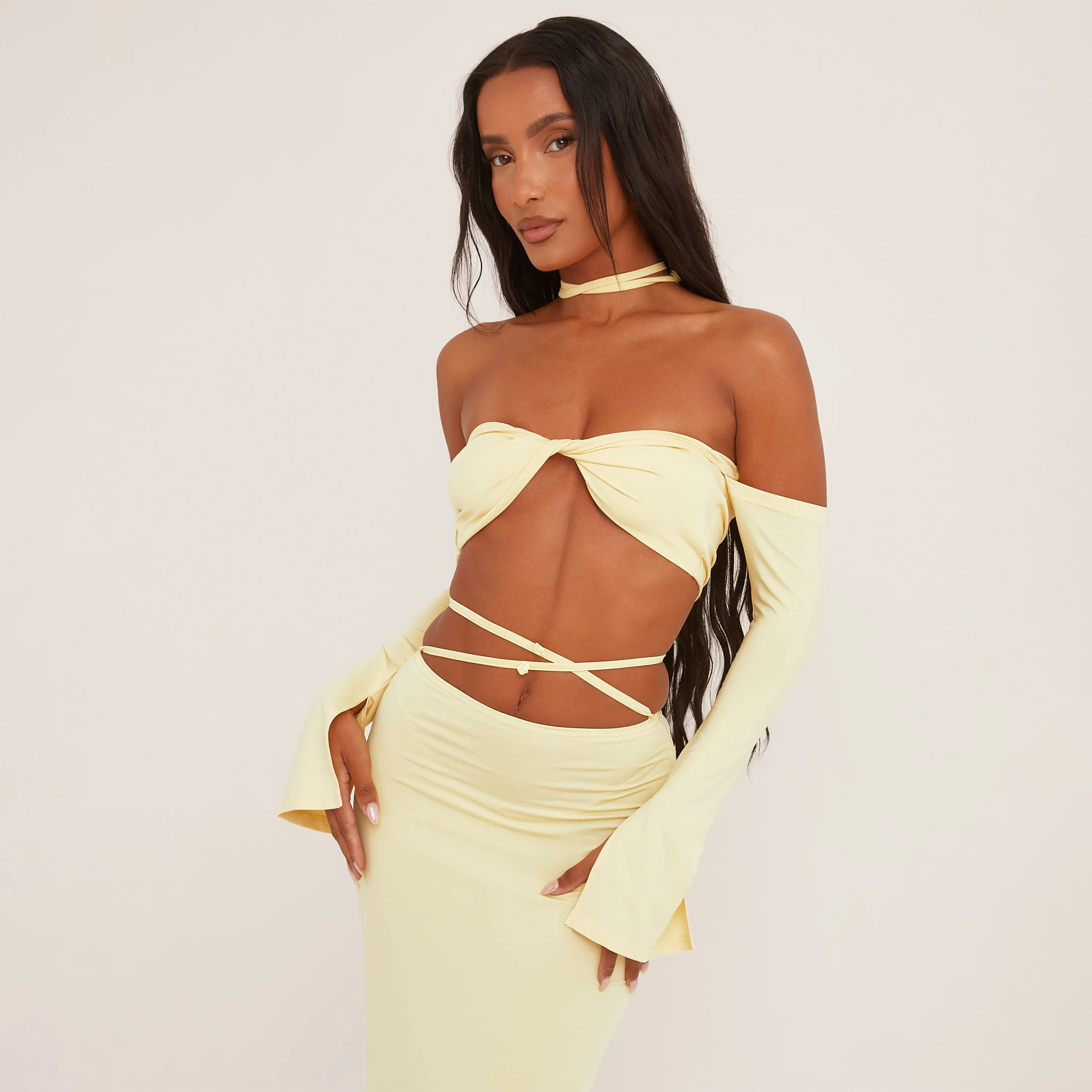 Rose Strap Detail Bardot Crop Top And High Waist Maxi Skirt Co-Ord Set In Lemon