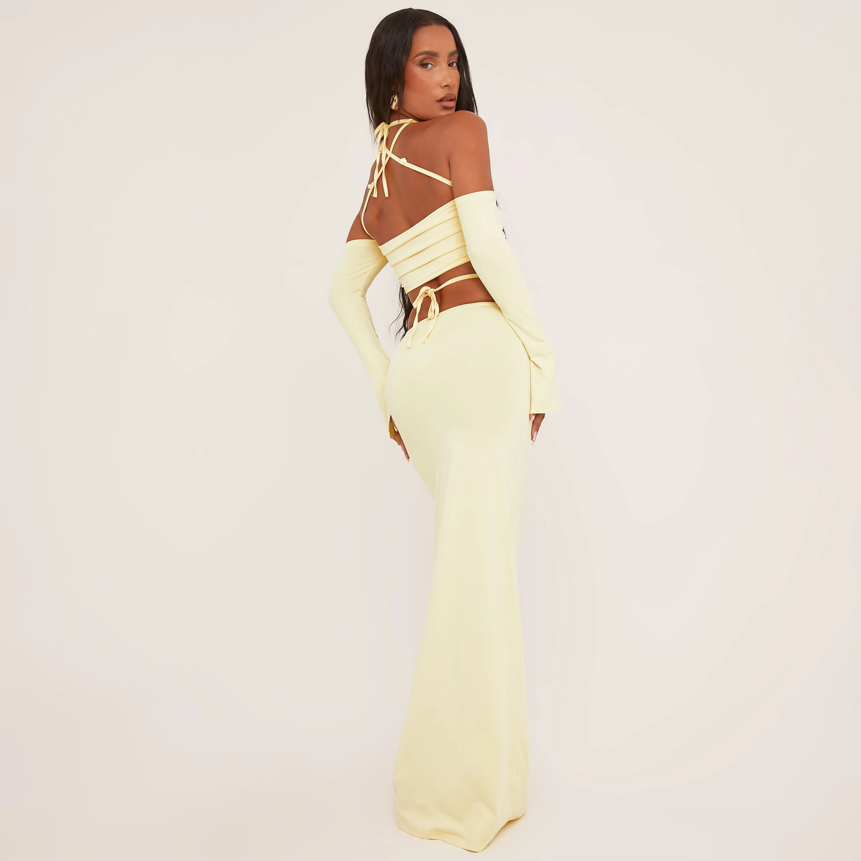 Rose Strap Detail Bardot Crop Top And High Waist Maxi Skirt Co-Ord Set In Lemon