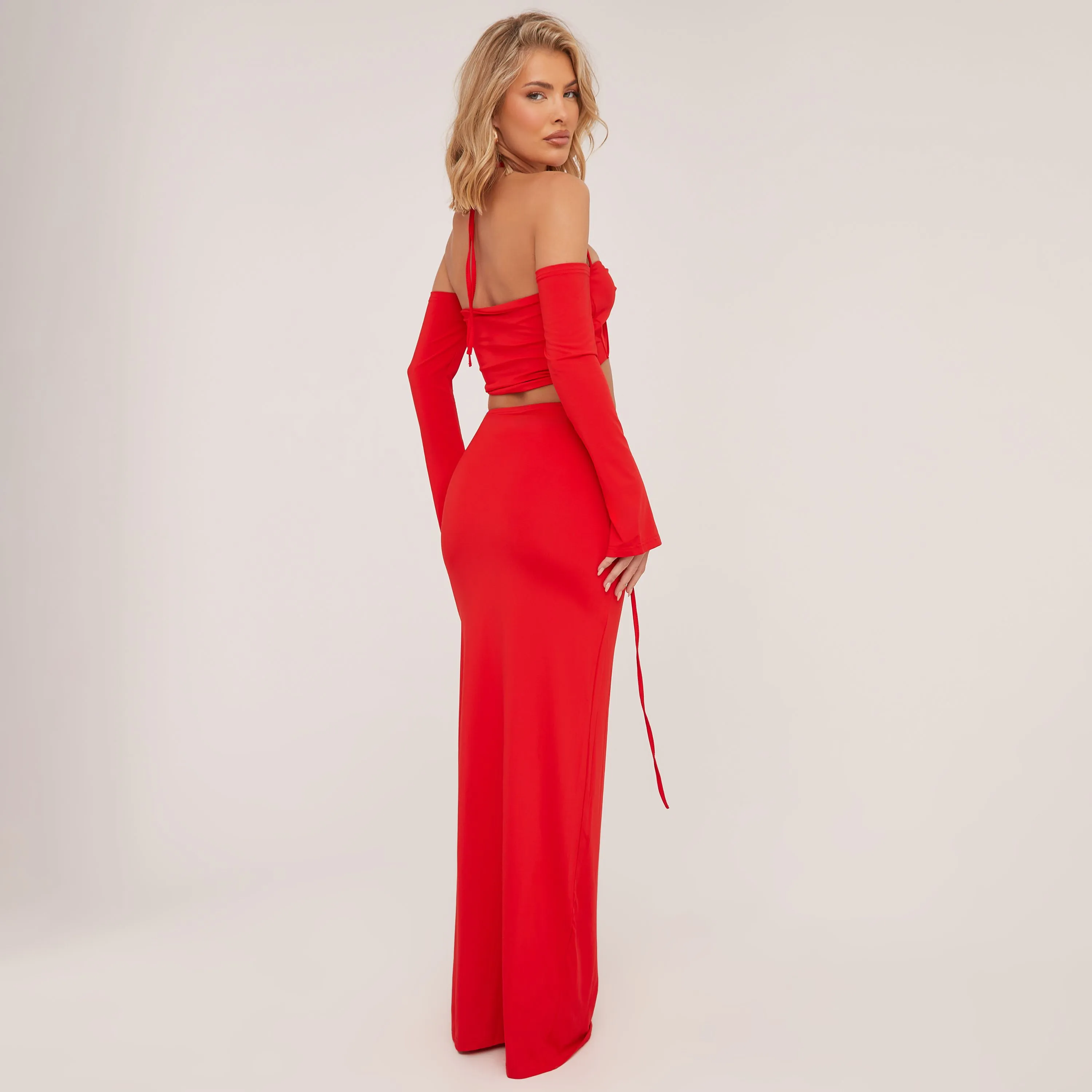 Rose Strap Detail Bardot Crop Top And High Waist Maxi Skirt Co-Ord Set In Red