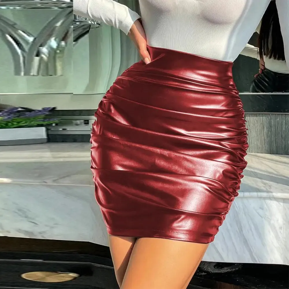 Ruched Leather Pencil Skirt Party Clubwear