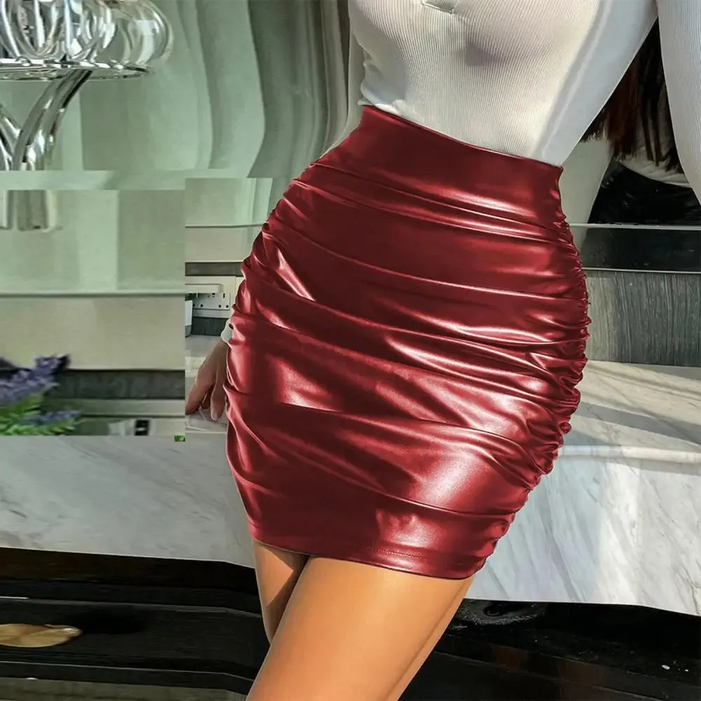 Ruched Leather Pencil Skirt Party Clubwear