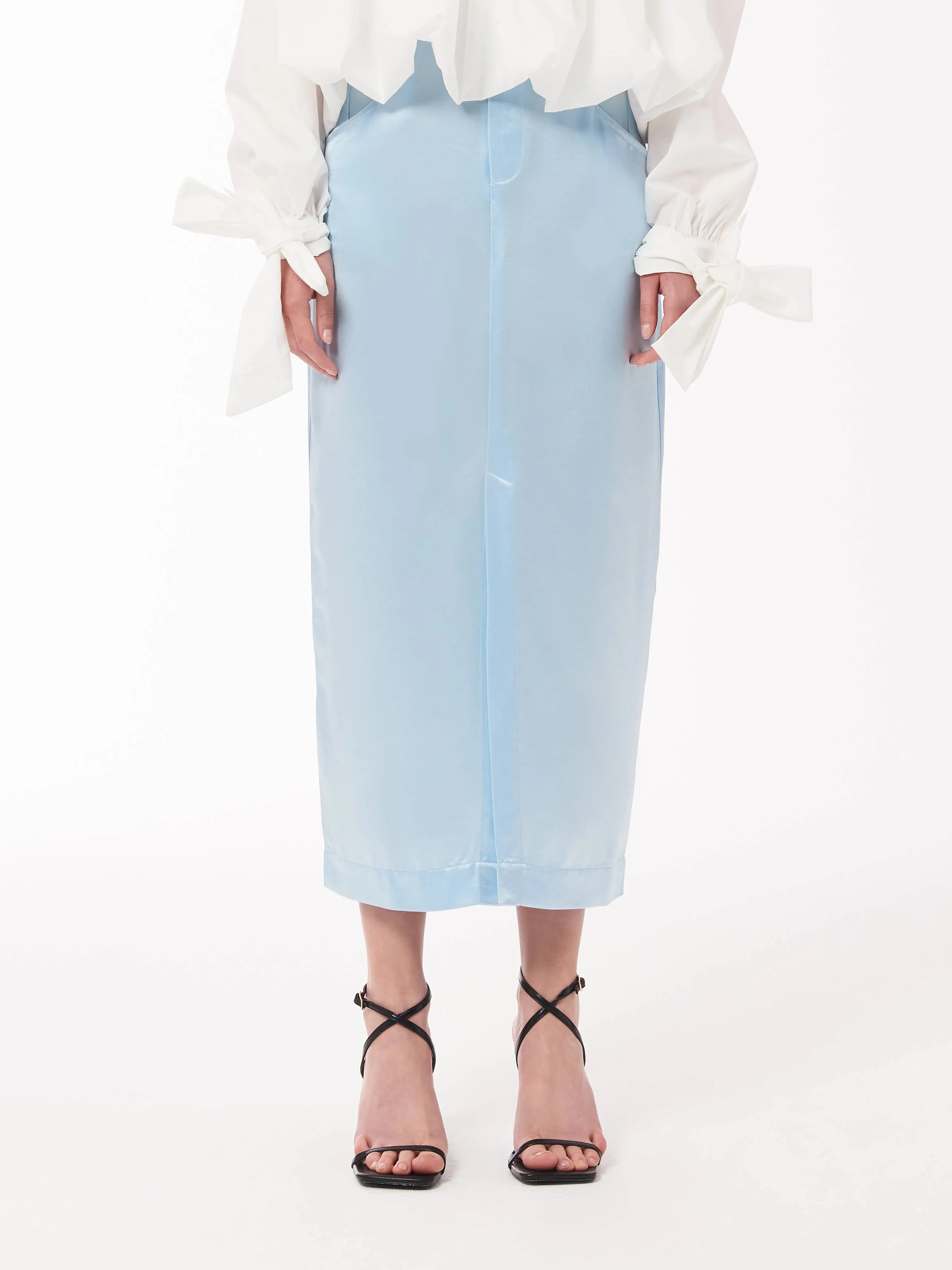 Satin Midi Skirt in Baby Blue