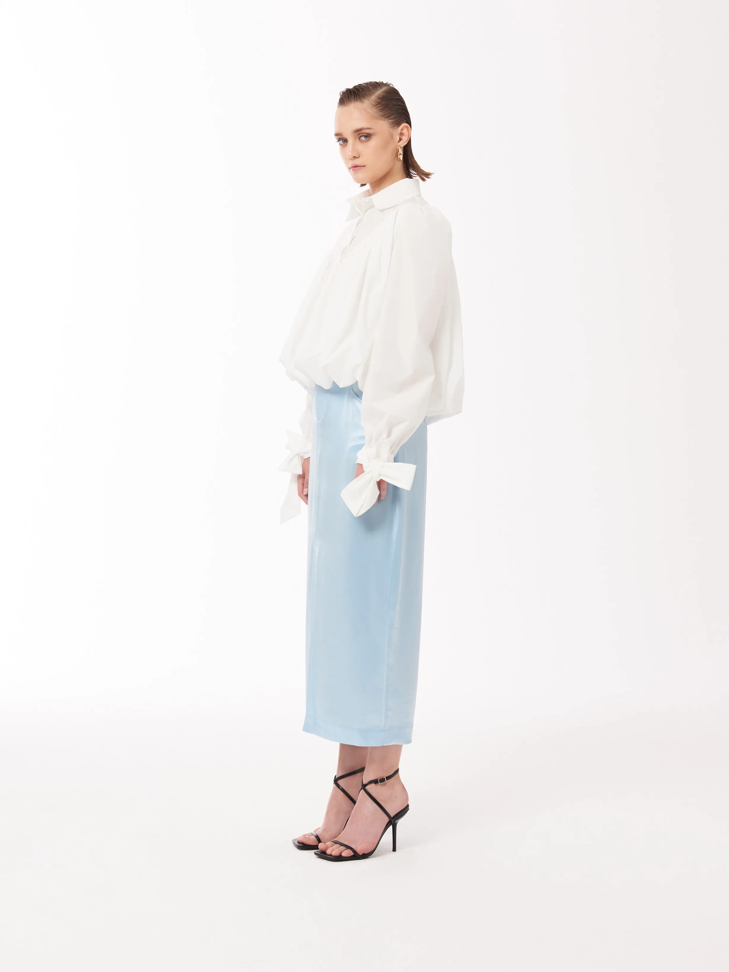 Satin Midi Skirt in Baby Blue