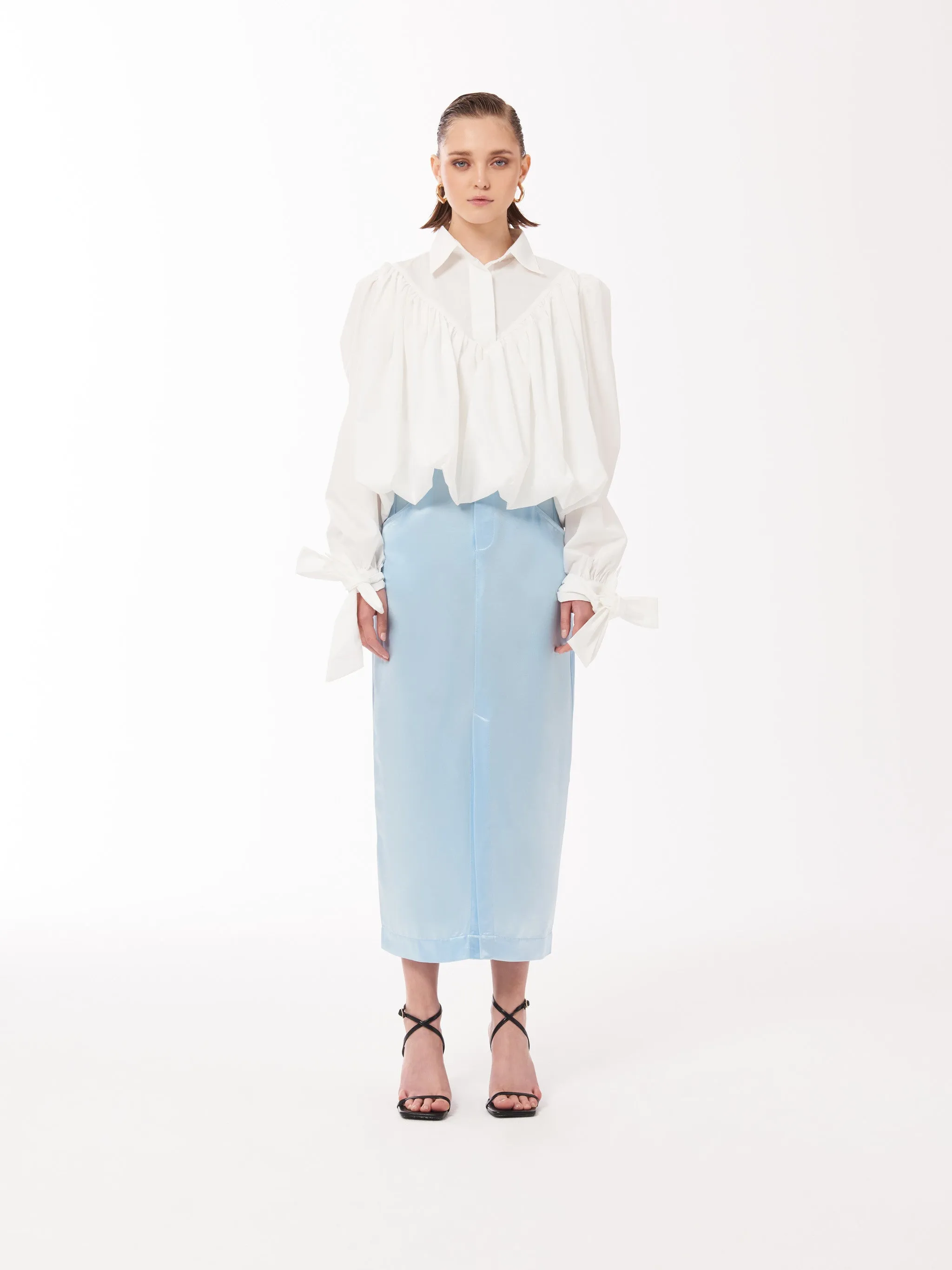 Satin Midi Skirt in Baby Blue