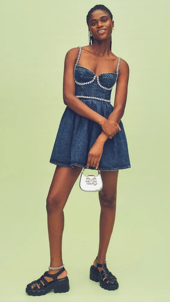 Self Portrait   Diamante Detail Denim Mini Dress 