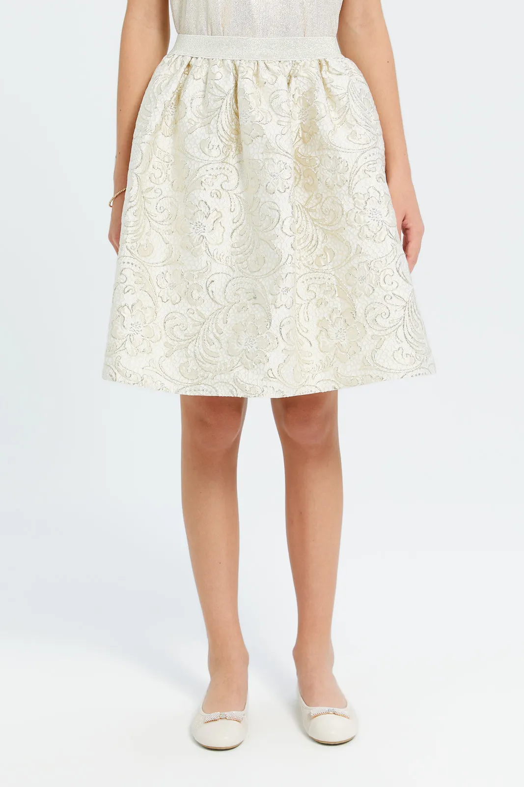 Senior Girls Beige And Gold Brocade Skirts