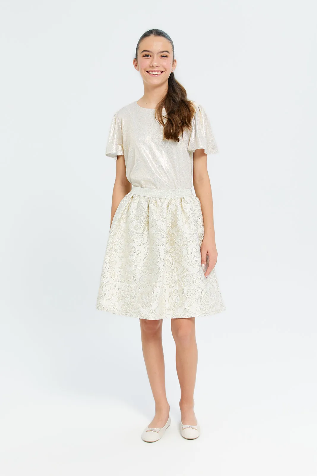 Senior Girls Beige And Gold Brocade Skirts