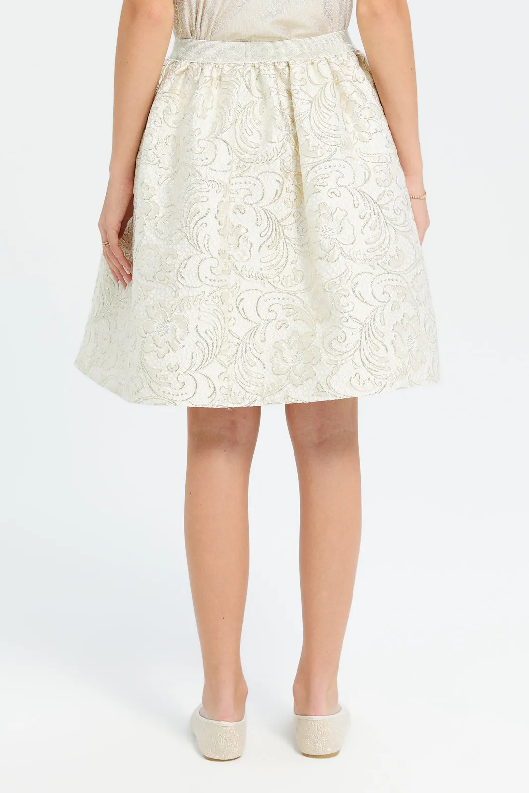 Senior Girls Beige And Gold Brocade Skirts