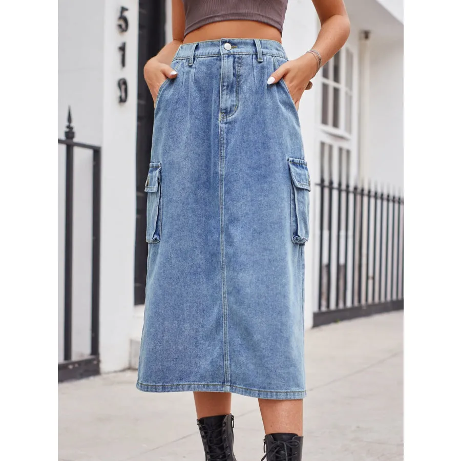 Slit Buttoned Denim Skirt with Pockets